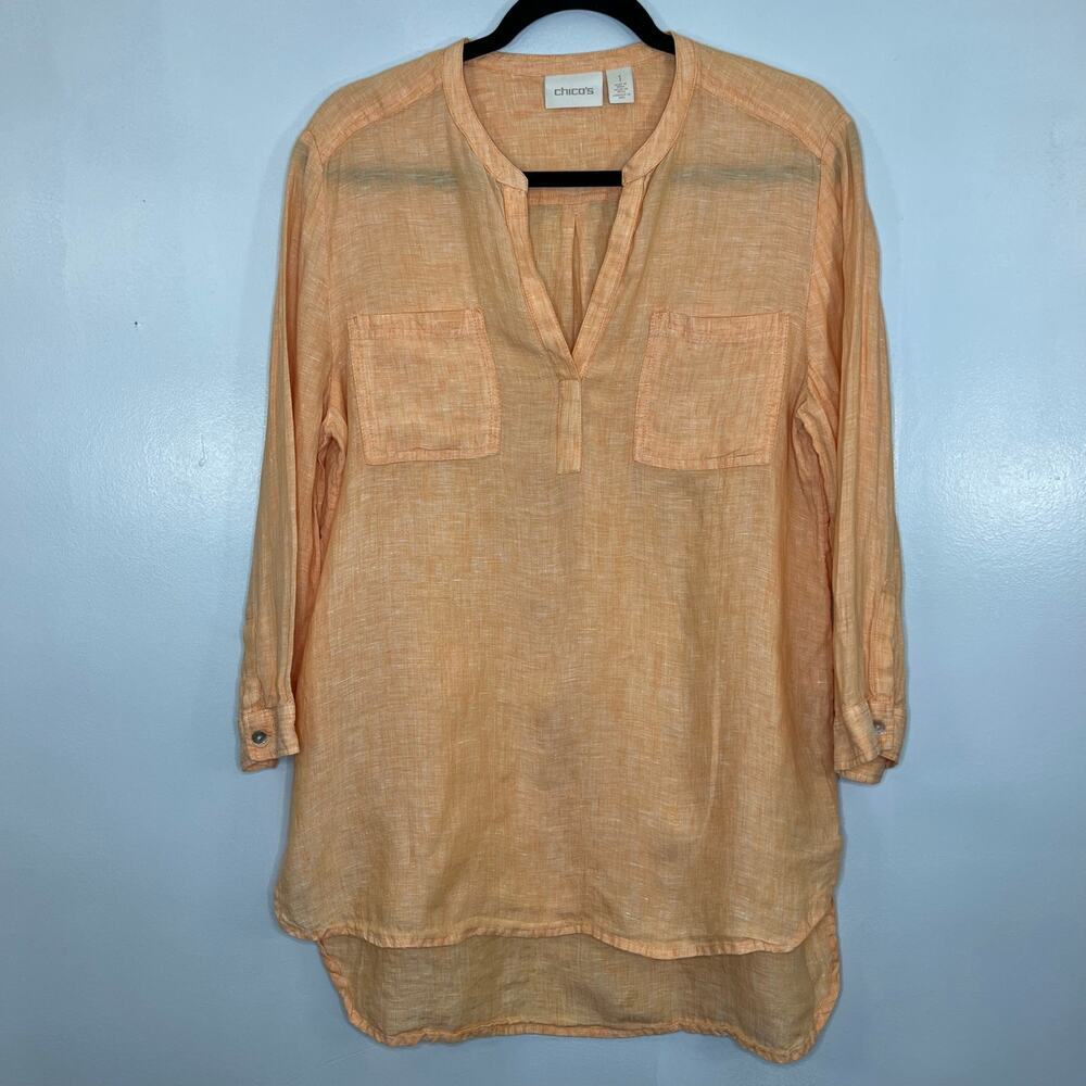 Chico’s Women Tops Tunic Orange Long Sleeve Linen V Neck Beach Boho Size 2(L)
